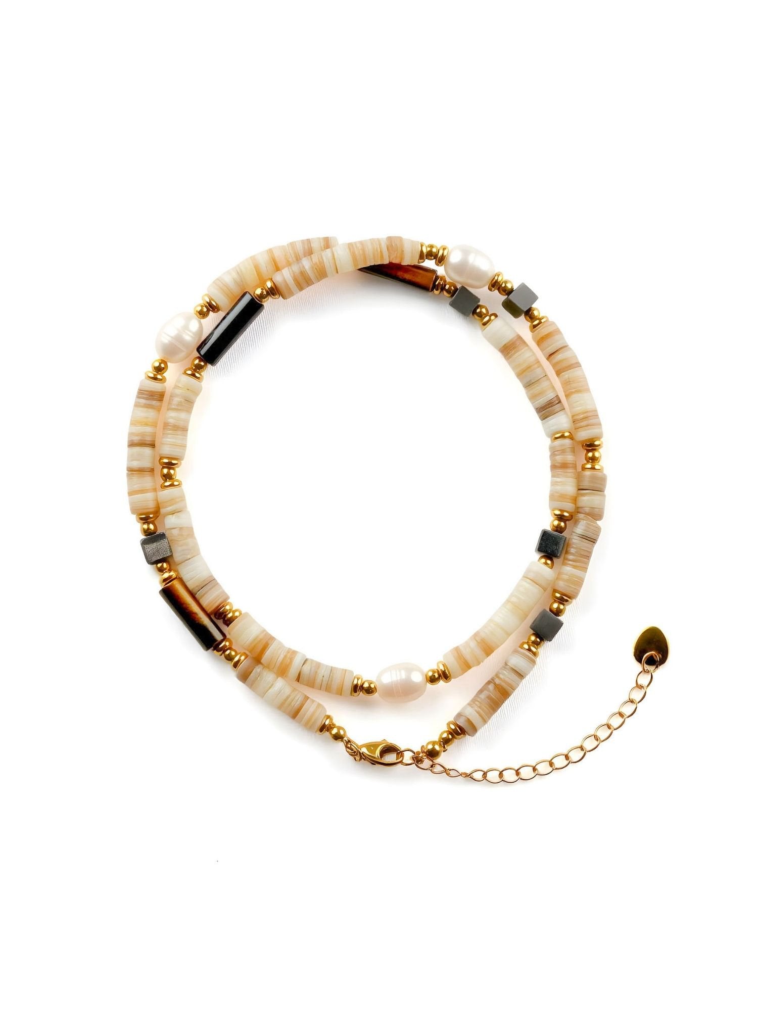 Earthlines Boho-Kette Hauptbild - Handgefertigte Perlenkette mit Farbverlauf aus Natursteinen, Perlen und vergoldeten Elementen