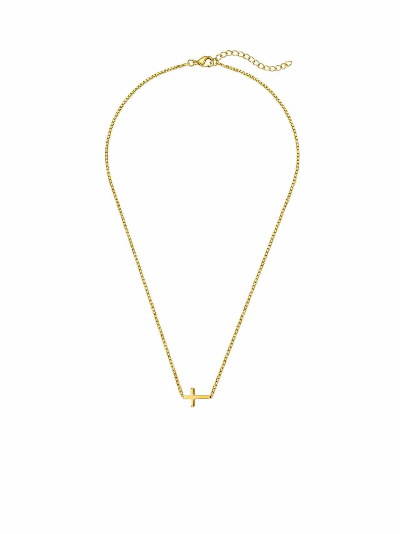 Der Horizont Kreuz-Halskette Produktfoto – 18K vergoldete Kette mit kleinem Kreuzanhänger horizontal präsentiert