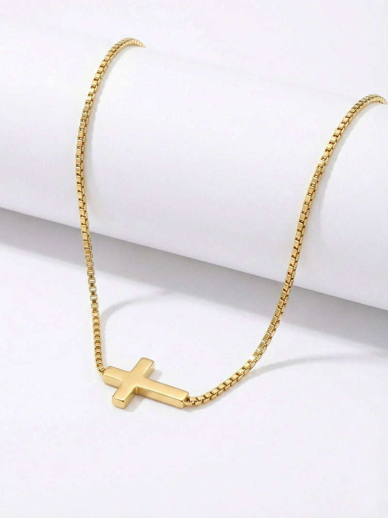 Der Horizont Goldkette Produktbild – 18K vergoldete Kreuz-Kette seitliche Ansicht