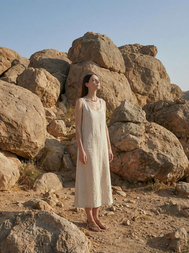Ganzkoerper-Aufnahme Model in langem Leinenkleid mit Sommerglanz Kette vor imposanten Felsen Bohemian-Urlaubsstil
