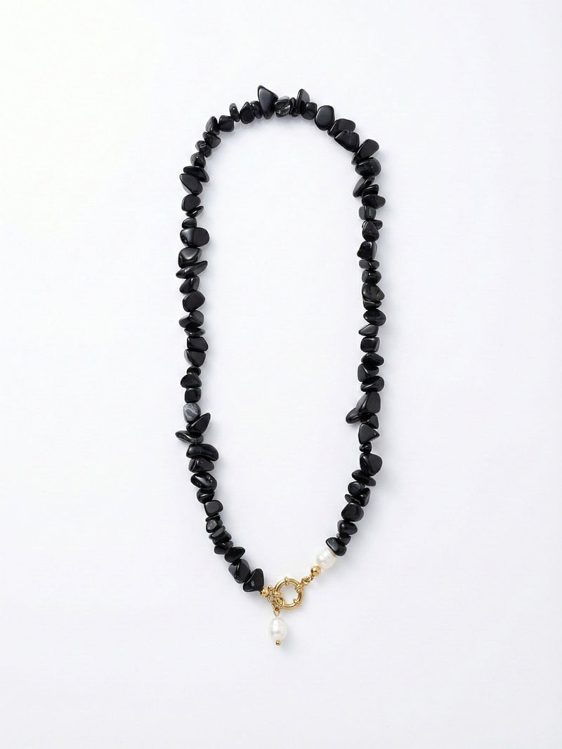 Midnight Pearl Obsidian Kette mit Süßwasserperle von Nemomatheo – Handgefertigte schwarze Naturstein-Halskette mit 18K vergoldetem Verschluss