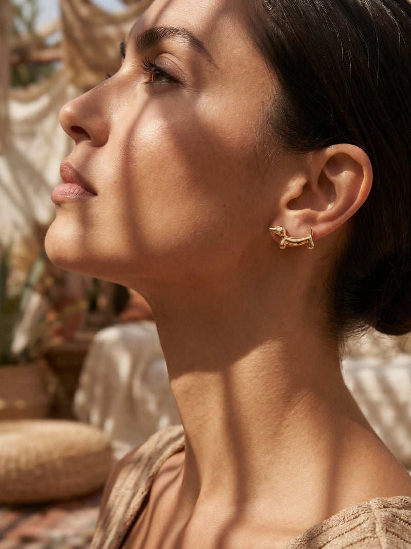 Ohrringe Little Dackel – Dackel Ohrstecker mit Zirkonia, 18K vergoldet – Detailaufnahme, Nahaufnahme