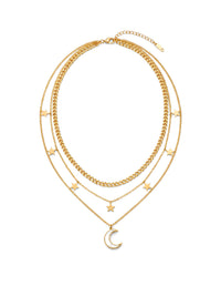 Kette Luna Stellare – Sterne und Mond Layering-Kette, 18K vergoldet – weißer Hintergrund
