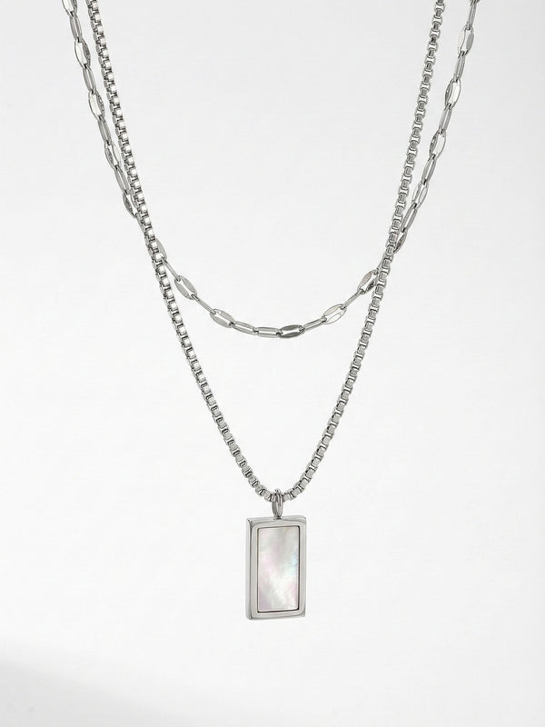Madre Frame Layered Halskette Silber - Doppelkette mit Perlmutt Anhaenger - Nemomatheo