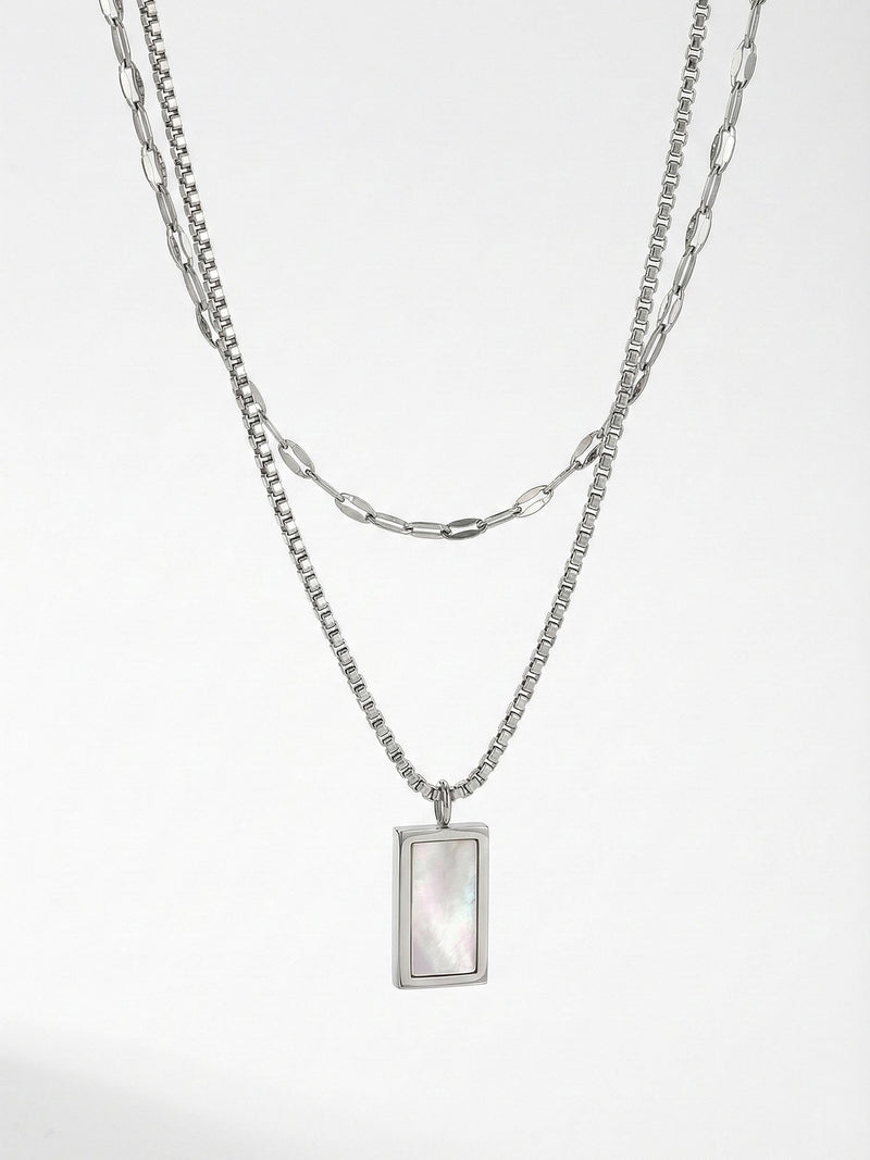 Madre Frame Layered Halskette Silber - Doppelkette mit Perlmutt Anhaenger - Nemomatheo