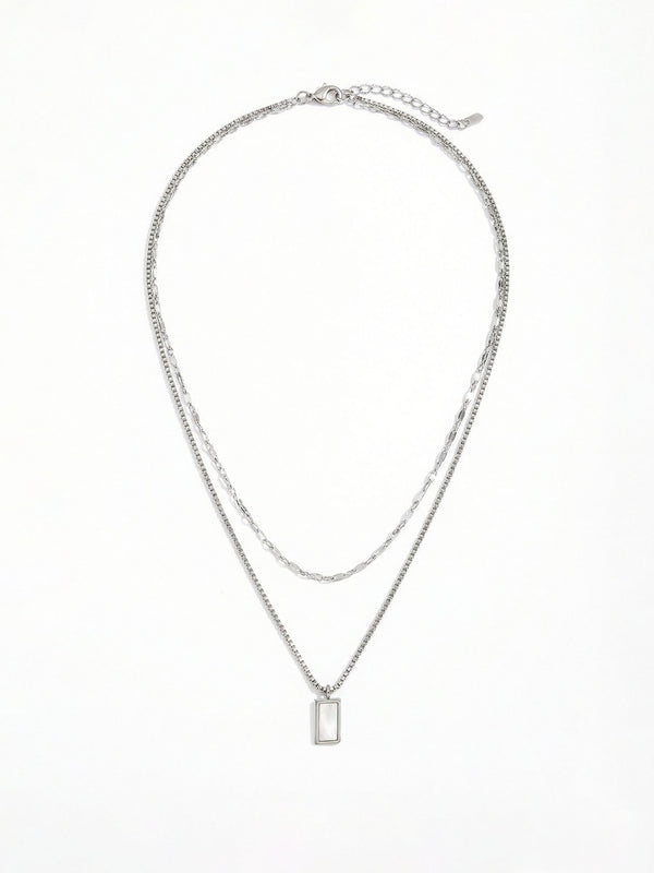 Silberne Layered Kette Madre Frame - Halskette mit rechteckigem Perlmutt Anhaenger