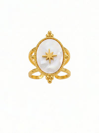 Morning Star Perlmutt Ring Frontalansicht 18K vergoldet offener Ring mit Stern Nemomatheo