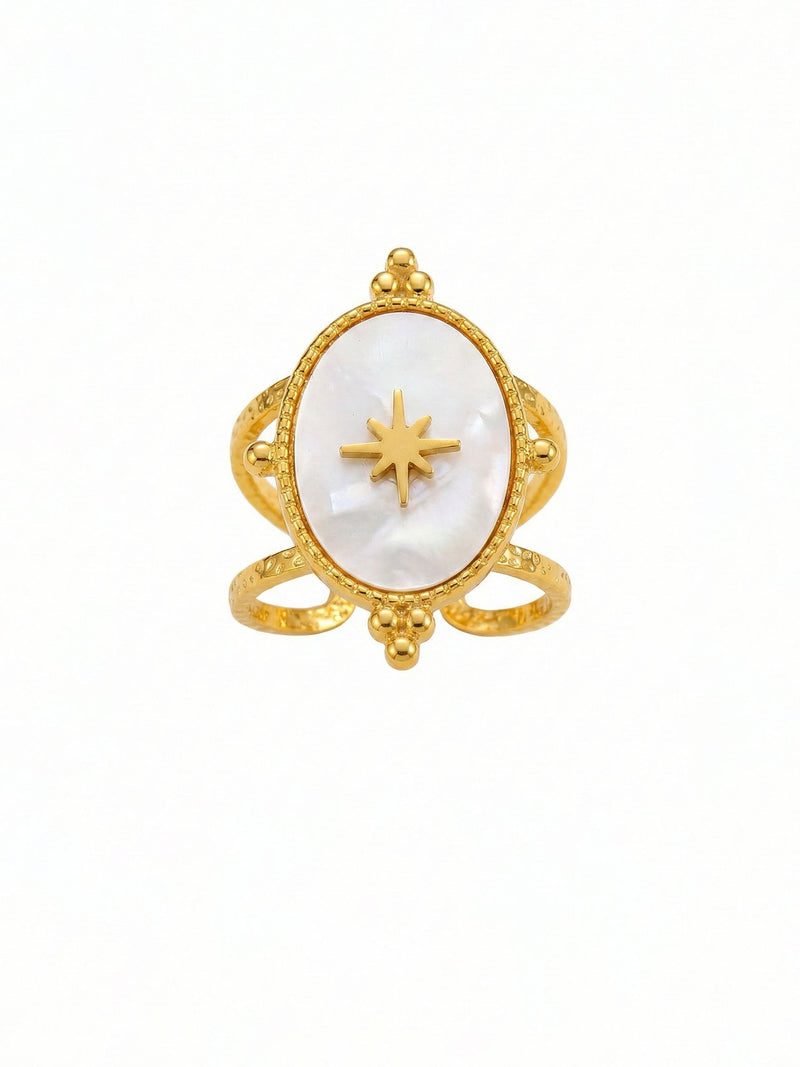 Morning Star Perlmutt Ring Frontalansicht 18K vergoldet offener Ring mit Stern Nemomatheo