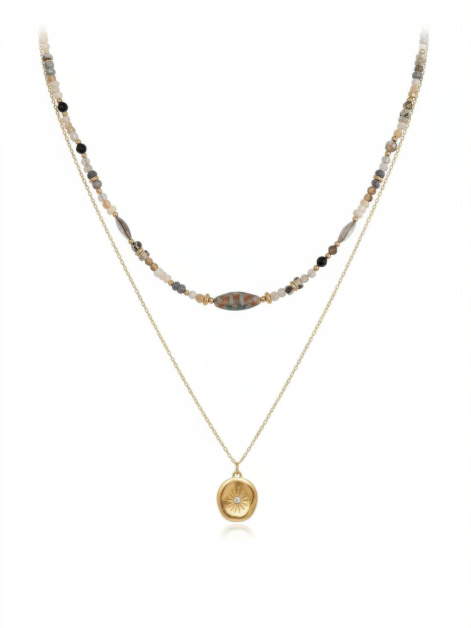 Mystic Leaf Halsketten-Set komplett – Vintage-inspiriertes Layering-Set mit grauer Perlenkette und goldenem Stern-Charm