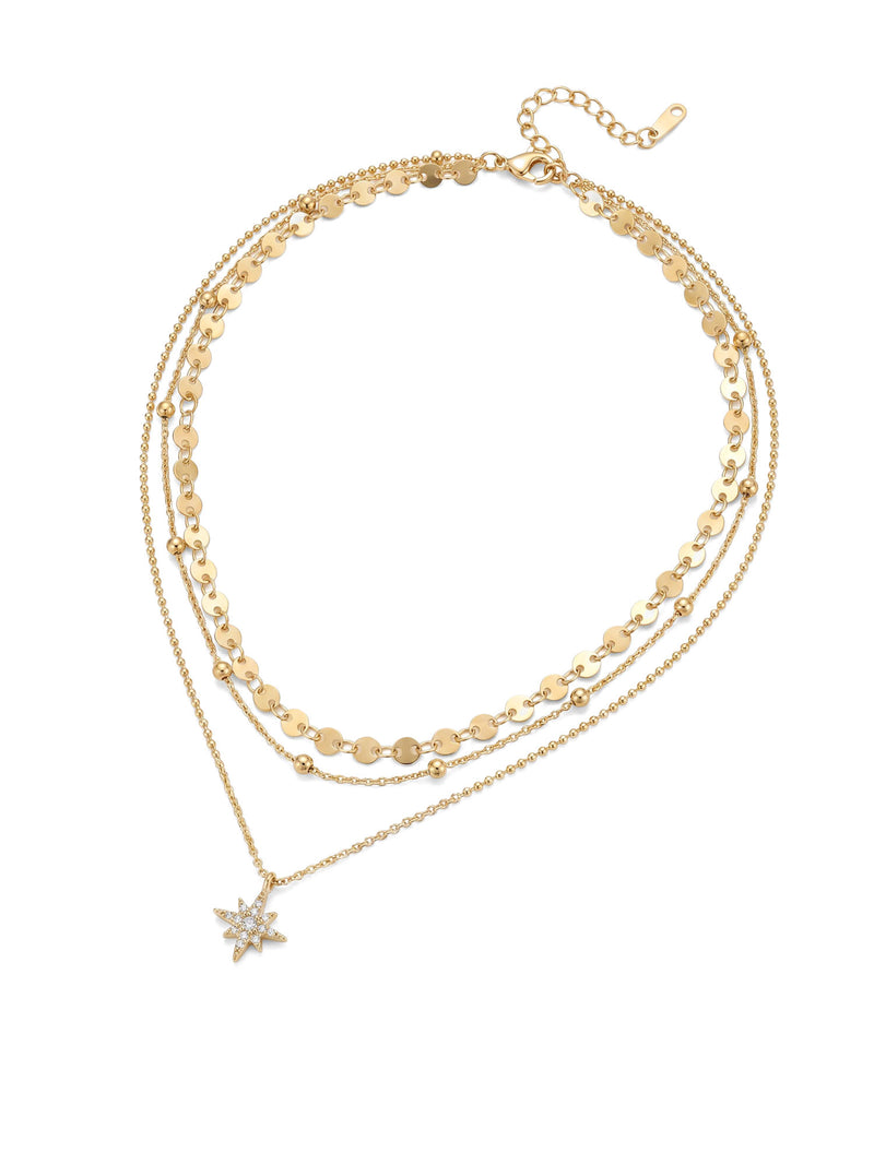 Kette Northern Star – Münz-Layering Kette mit Nordstern und Zirkonia, 18K vergoldet – weißer Hintergrund