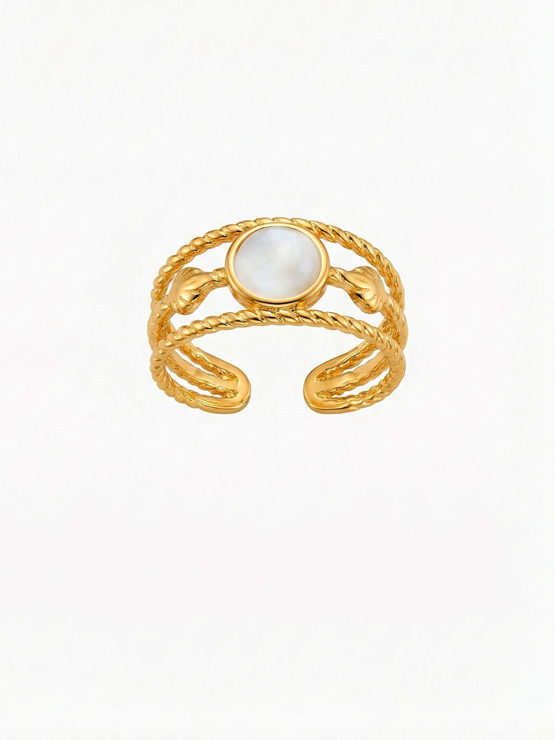 Ocean Twist Ring Frontalansicht 18K vergoldet dreilagig mit Perlmutt Nemomatheo
