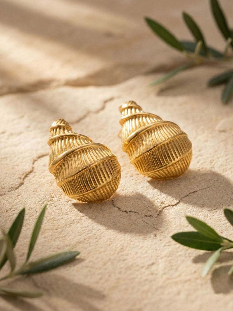 Golden Shell Ohrringe mediterran – vergoldetes Muschel-Paar auf Sandstein im natuerlichen Sonnenlicht mit Olivenzweigen