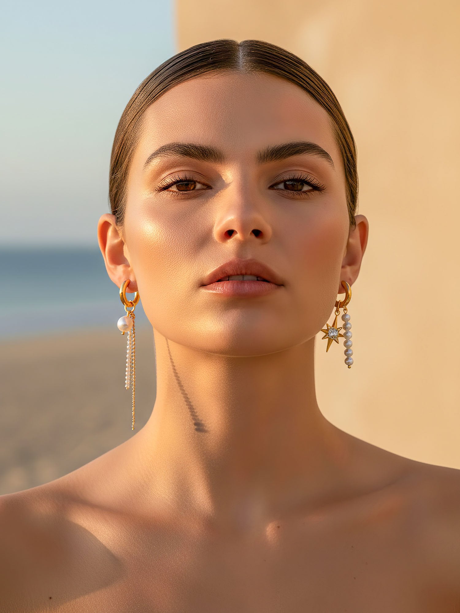 Perla & Stella asymmetrische Ohrringe getragen – goldene Huggie Hoops mit Stern und Perlen an beiden Ohren im Sonnenlicht