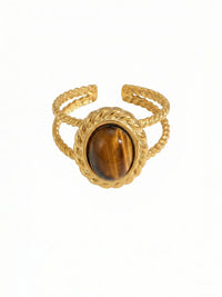 Rope Circle Tigerauge Ring – 18K vergoldeter offener Ring mit Seilstruktur, Frontalansicht