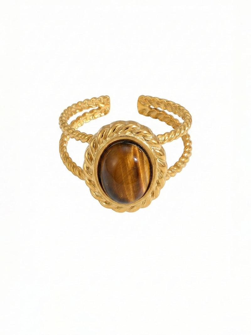 Rope Circle Tigerauge Ring – 18K vergoldeter offener Ring mit Seilstruktur, Frontalansicht