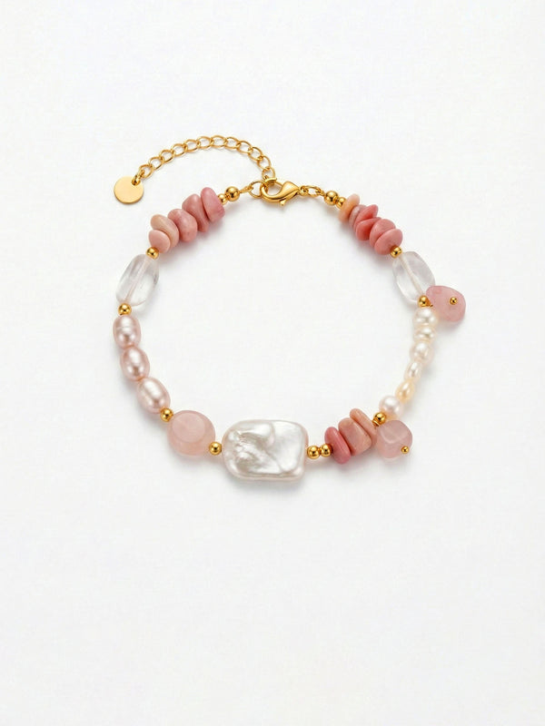 Rosengarten Armband Produktfoto – handgefertigtes Armband mit Rhodonit und Süßwasserperle