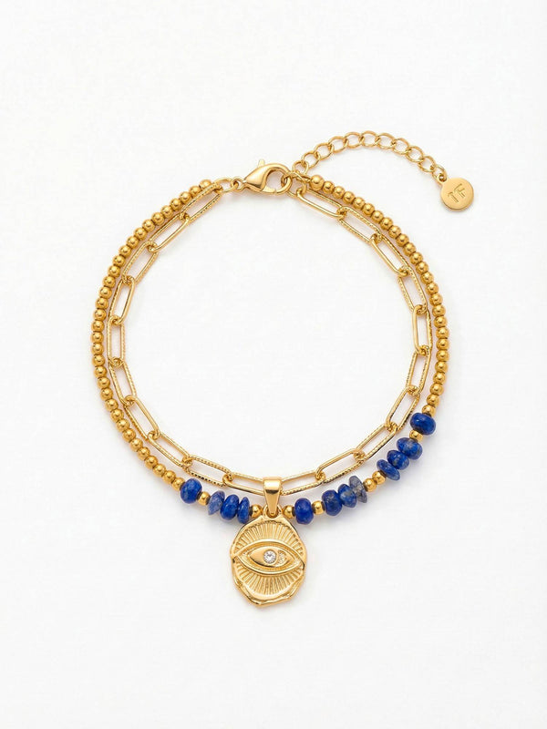 Schutzblick Armband Produktbild – Handgefertigtes Lapislazuli-Armband mit goldenem Nazar-Auge-Anhänger 18K vergoldet