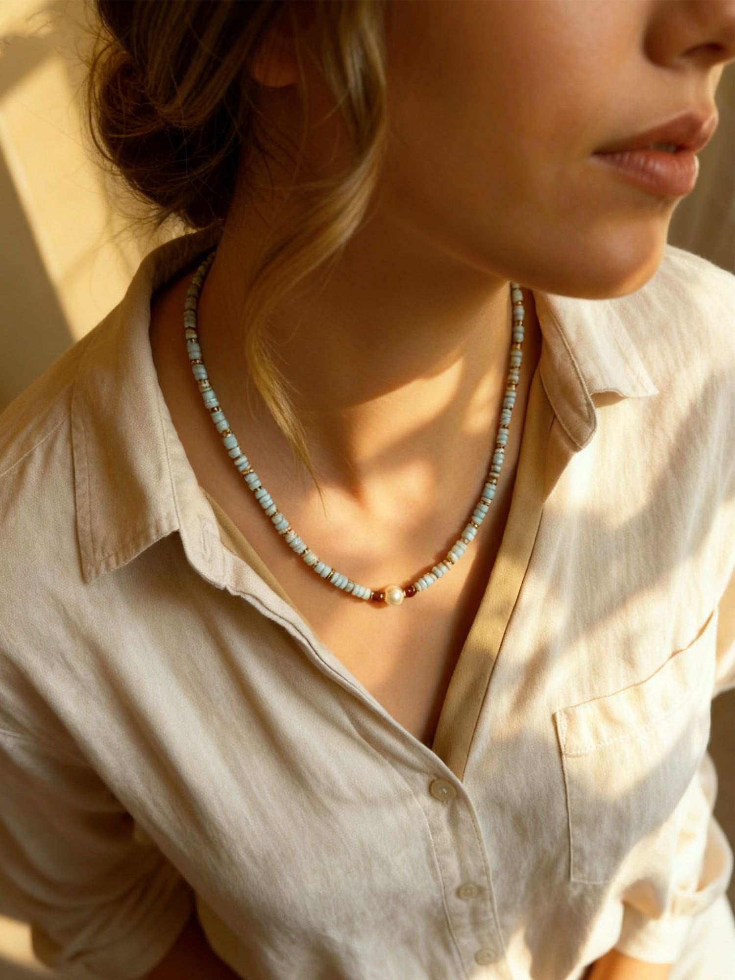 Sommerglanz Halskette komplett – handgefertigte Perlenkette mit chinesischem Shoushan-Stein in voller Länge