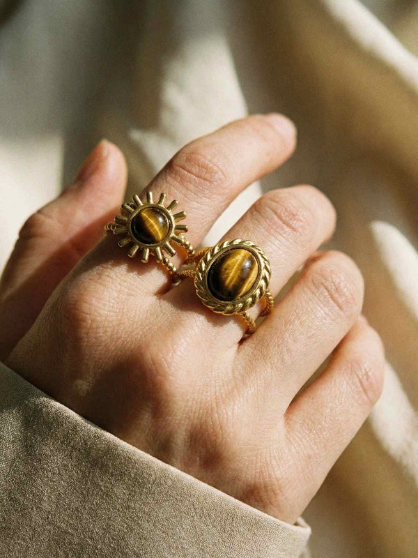Sunburst Ring Kombination – Tigerauge-Sonnenring kombiniert mit anderen Schmuckstuecken