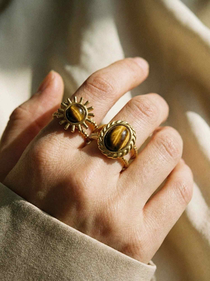 Sunburst Ring Kombination – Tigerauge-Sonnenring kombiniert mit anderen Schmuckstuecken
