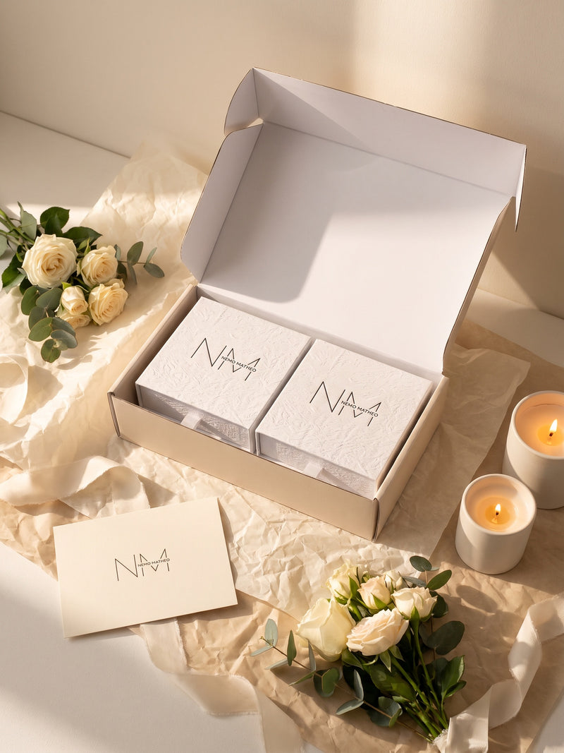 Überraschungsbox – 2 Schmuckstücke – geöffnete Box mit zwei NemoMatheo Schmuckschachteln und Grußkarte