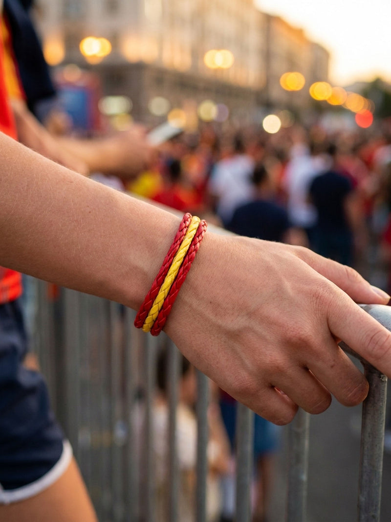 Armband WM 2026 – Geflochtenes Leder Fan Armband mit Nationalflagge – Spanien – Lifestyle 3