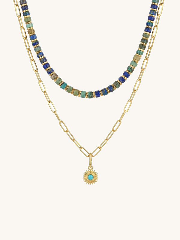 Sun Stone Tuerkis Kette Produktfoto - doppelreihige Halskette mit Edelsteinen