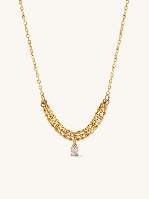 Cascade necklace product photo – gold-plated statement necklace with multi-strand pearls and cubic zirconia pendant on a white background