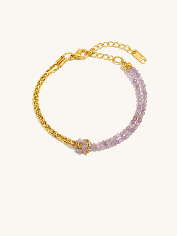 Twist Violetta Bracelet – Double-layered bracelet with amethyst beads and gold cord chain, 18K gold-plated, white background