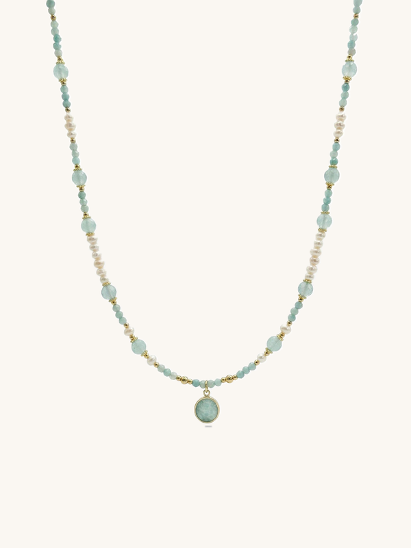 Kette Amazonit Anhaenger – Produktbild auf weissem Hintergrund, Naturstein Halskette, Boho Schmuck